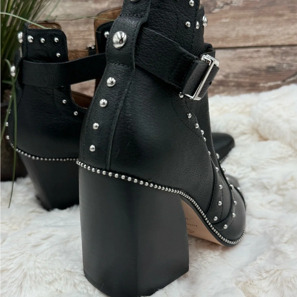 Antonio Melani Black Leather Block Heel Studded Ankle Boots with Buckle closure - Picture 8 of 16